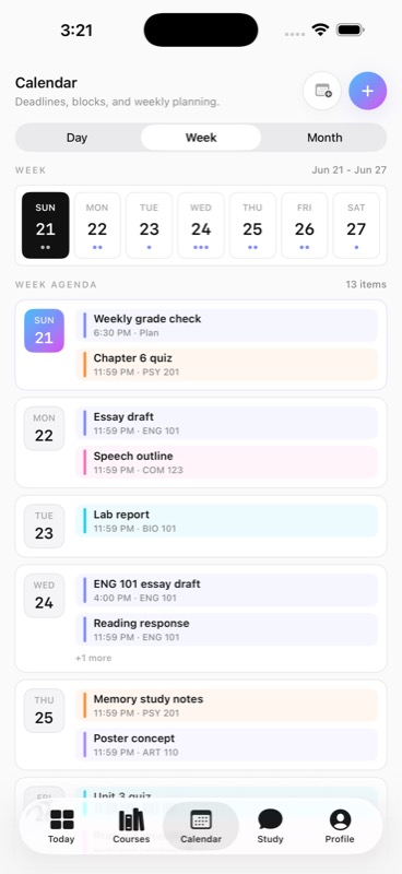 GradePath native iOS Calendar screen showing a filled weekly agenda