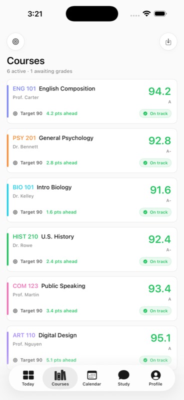 GradePath native iOS Courses screen with six active A-range courses