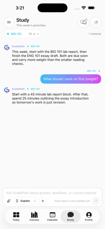 GradePath native iOS Study screen with course-aware AI tutor messages