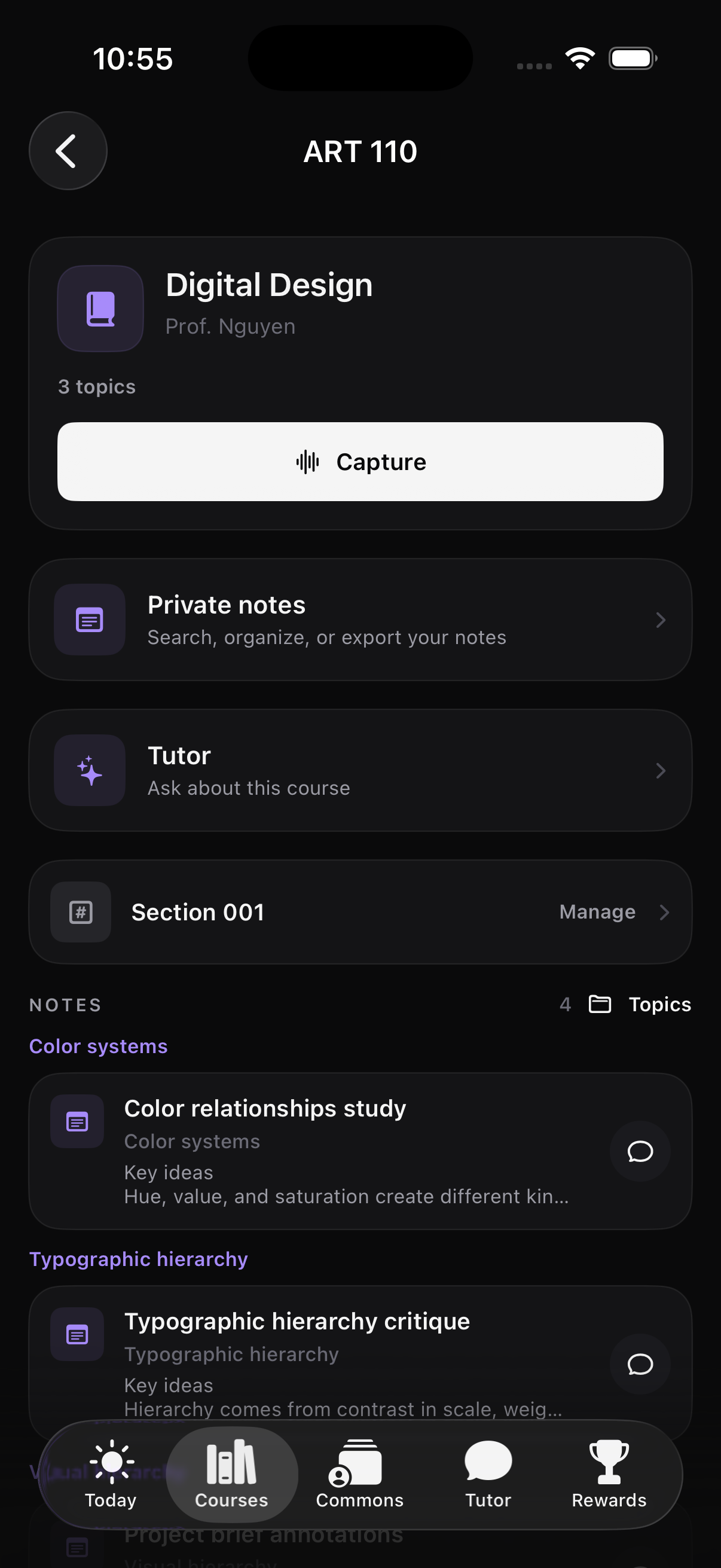 GradePath course page with Capture, Private notes, Tutor, and organized class notes